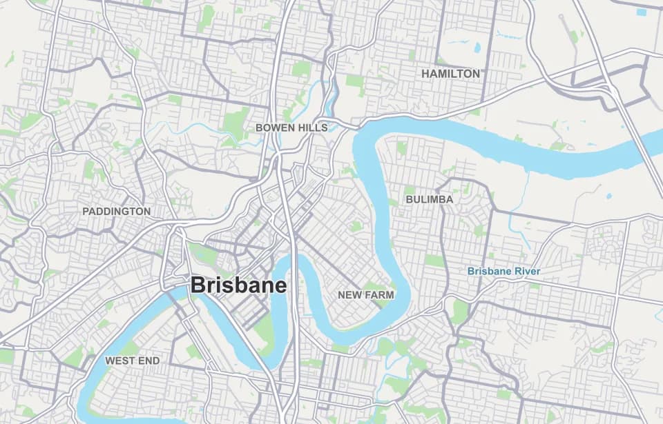 Map of central Brisbane, Hamilton and surrounding suburbs